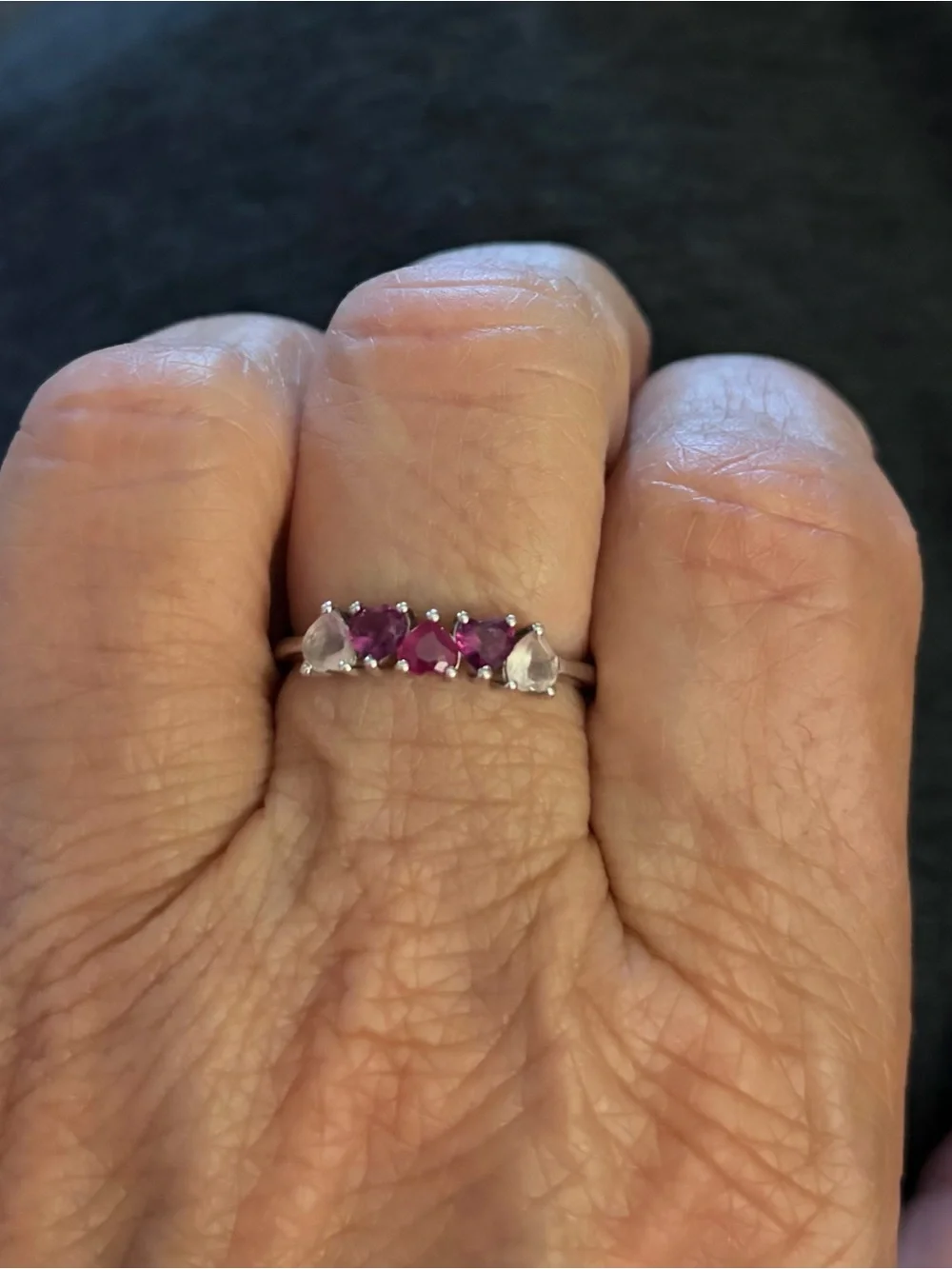 Sterling Silver Love Ring- Pink Gemstone Five-Stone Ring - Heart Shaped Stones